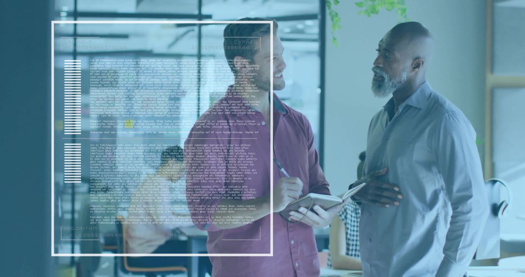 Colleagues Discussing Business Strategy with Augmented Data Overlay in Modern Open Office