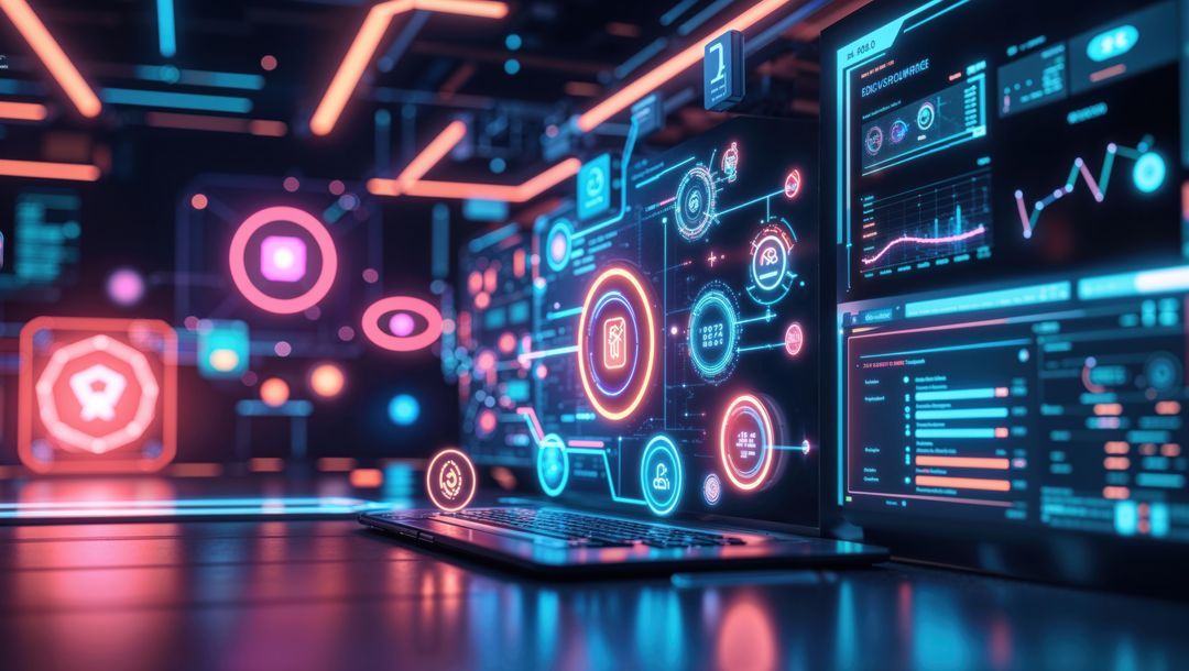 Futuristic Holographic Data Display in Neon Lit Control Room