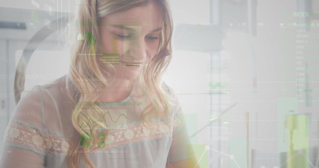 Businesswoman Analyzing Data on Smartphone with Digital Holograms