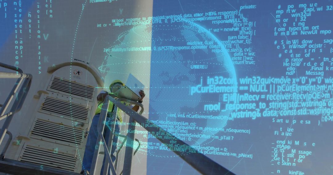 Technician Maintaining Vent Unit Overlaid with Digital Code Globe