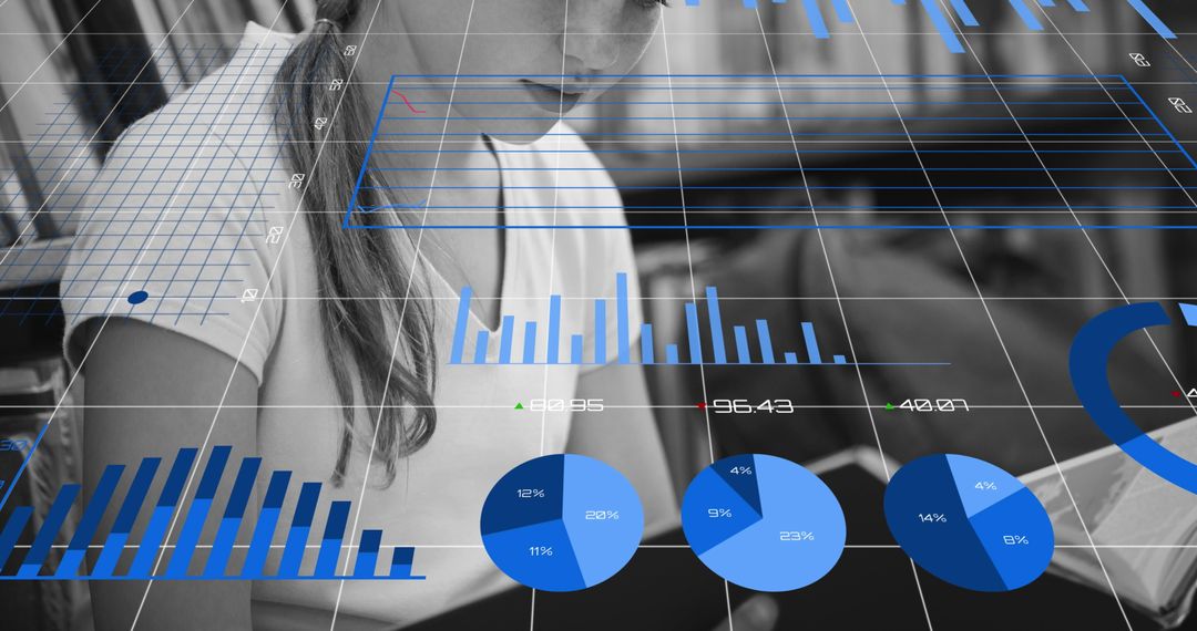 Girl Analyzing Financial Graphs Through Virtual Interface