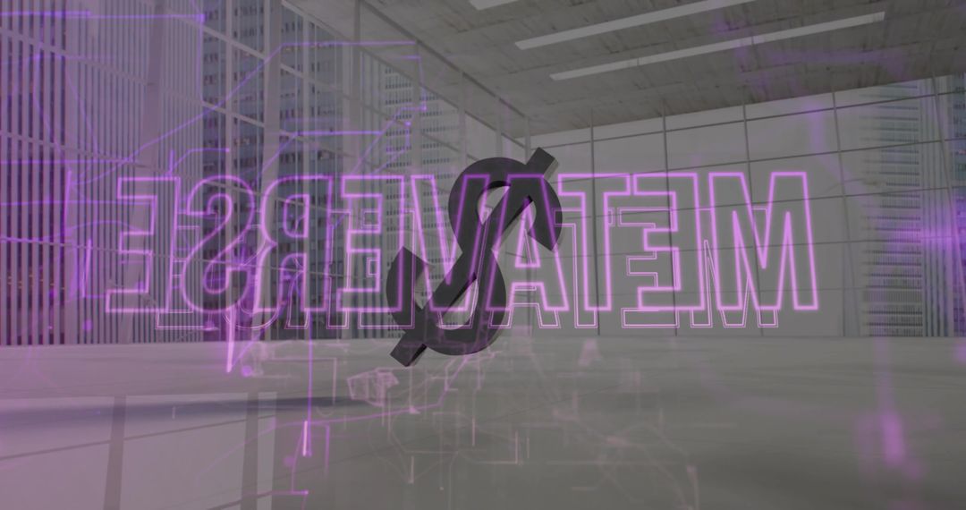 Projecting Metaverse Hologram with Floating 3D Dollar in Futuristic Neon Industrial Hall