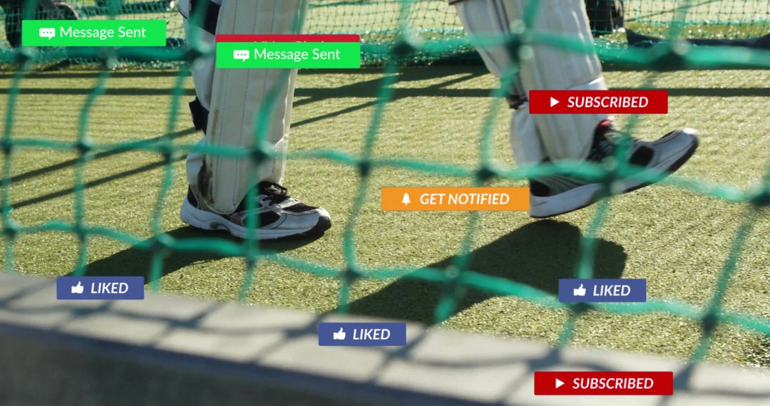 Cricket Players Practicing in Batting Net with Social Media Notification Badges