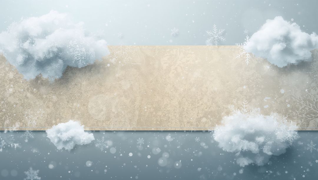 Floating Beige Banner with Frosted Clouds and Snowflake Bokeh for Winter Layout