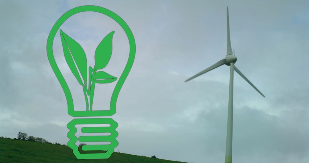 Green Energy Symbol with Wind Turbine and Cloudy Sky Background