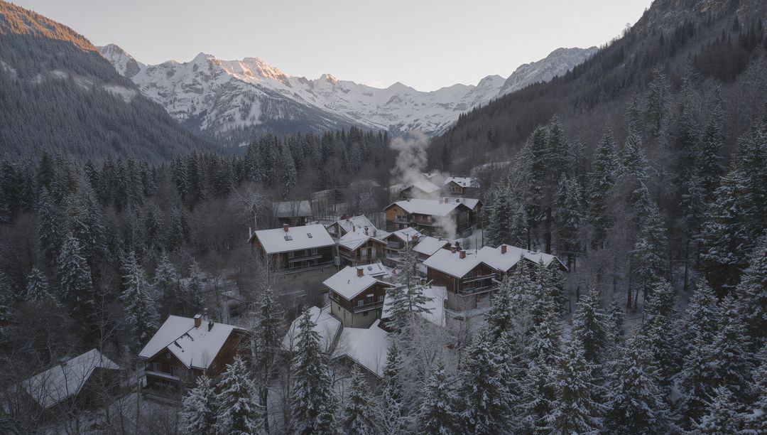 Nestling Alpine Chalets with Smoking Chimneys in Snowy Pine Valley at Alpenglow