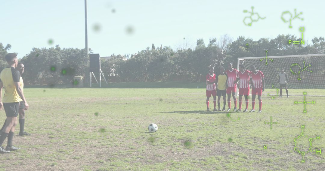 Taking free kick with molecular graphics overlay, soccer wall, sports science concept