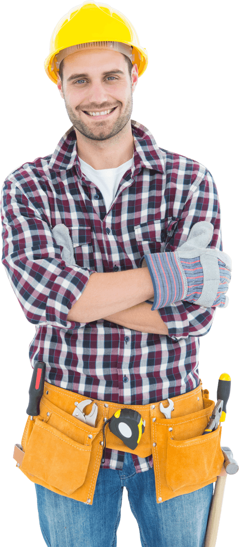 Happy Carpenter with Tool Belt in Transparent Background