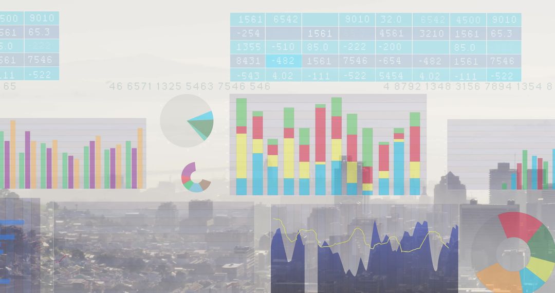 Abstract Financial Data Overlaying Urban Skyline