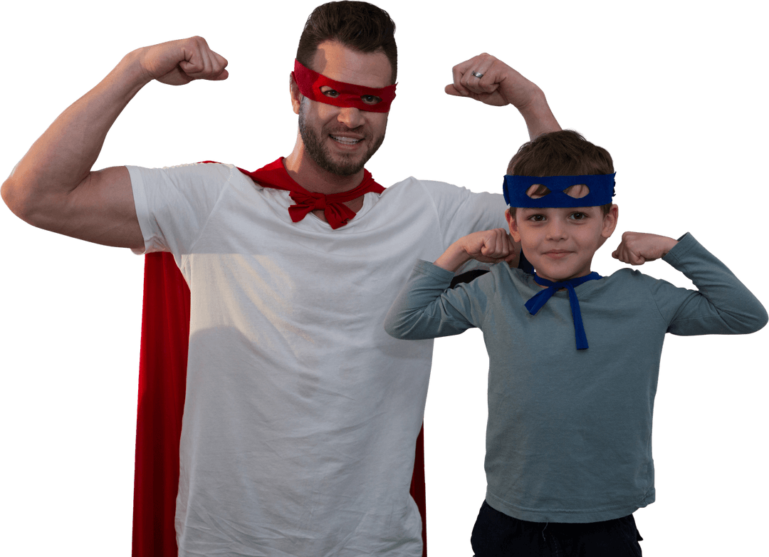 Transparent Father and Son in Superhero Costumes Flexing Muscles
