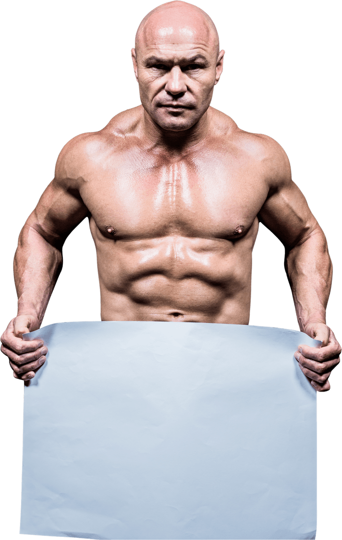 Muscular Shirtless Man Holding Blank Transparent Paper