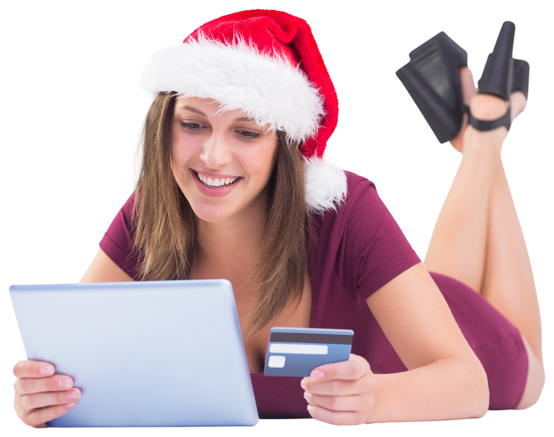 Happy Woman in Santa Hat Shopping Online with Tablet on Transparent Background - Download Free Stock Images Pikwizard.com