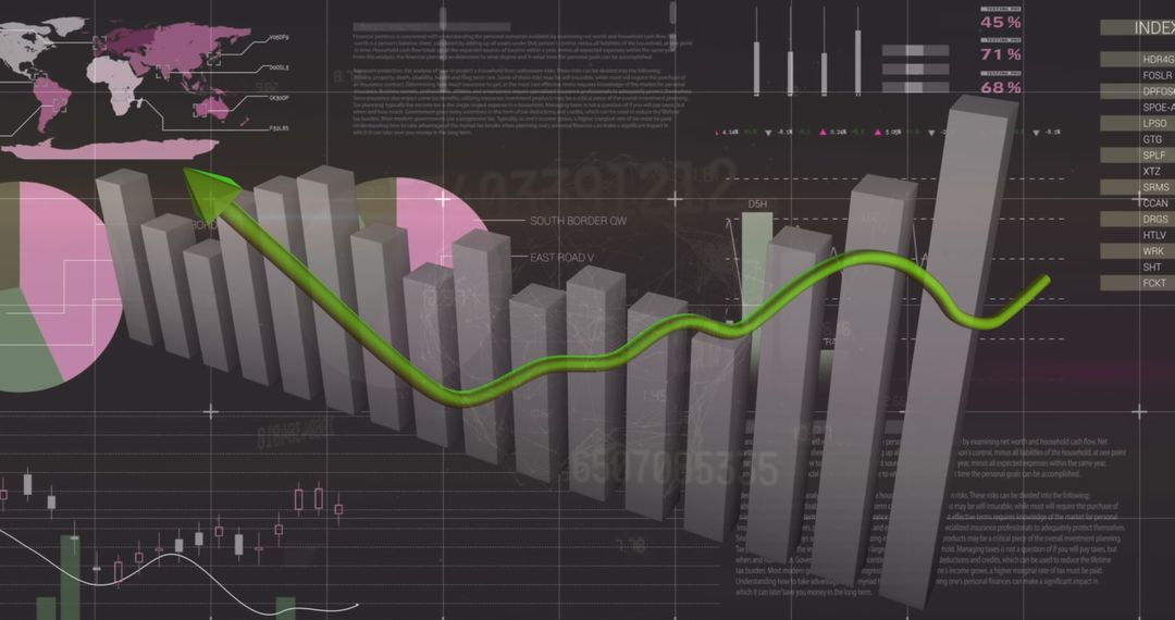 3D Bar Graph with Green Arrow Showing Economic Growth