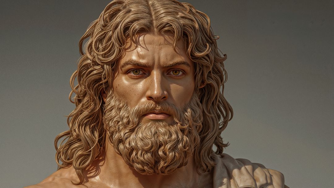 Detailed bust of classical bearded figure zeus in gallery setting