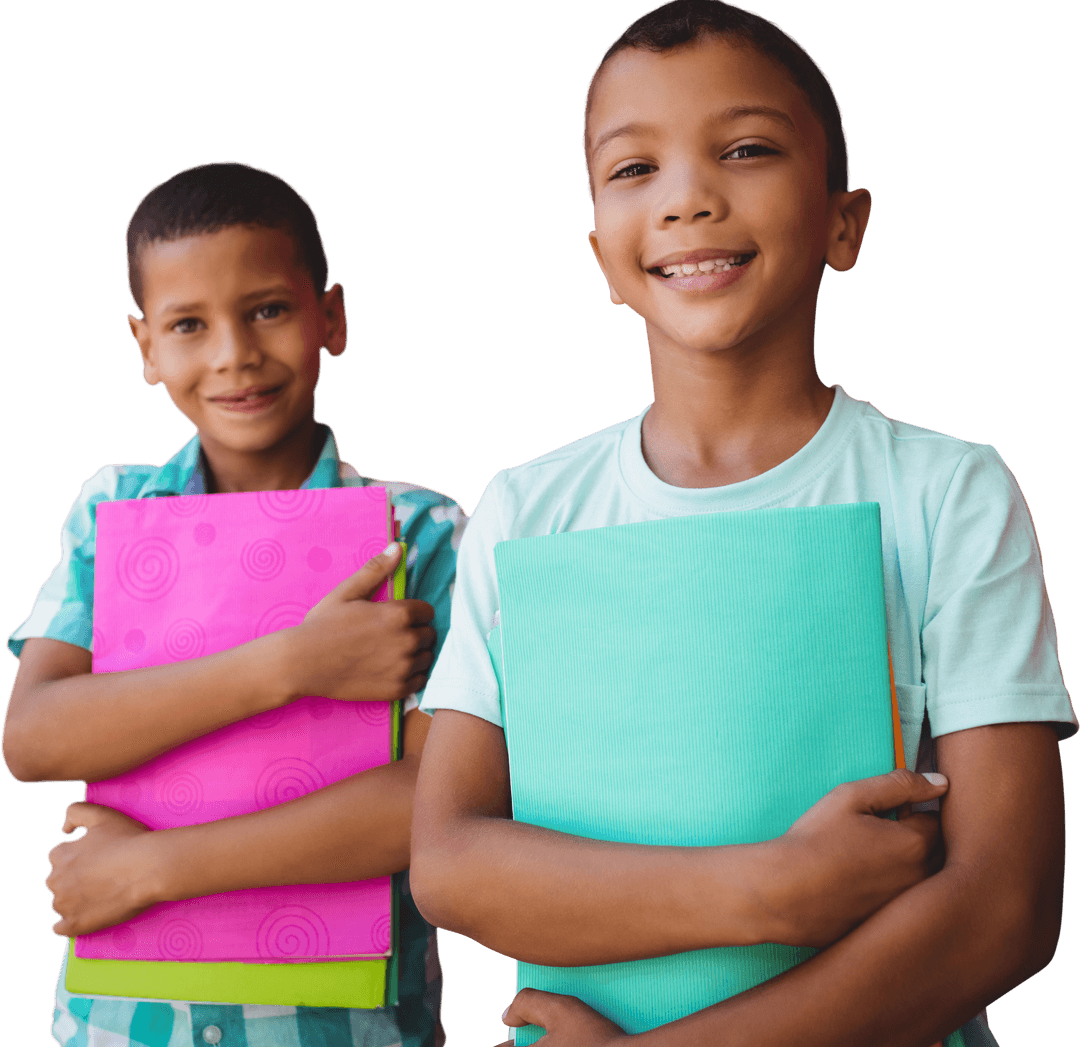 Transparent Smiling Boys Holding Colorful Notebooks Isolated