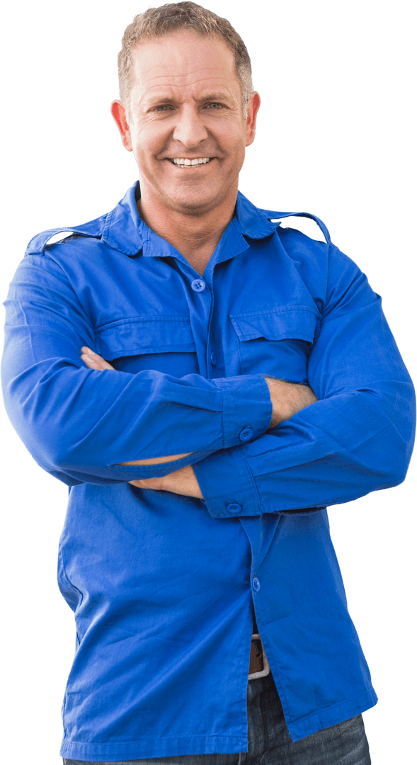 Smiling Man in Blue Shirt, Arms Crossed, Transparent Background