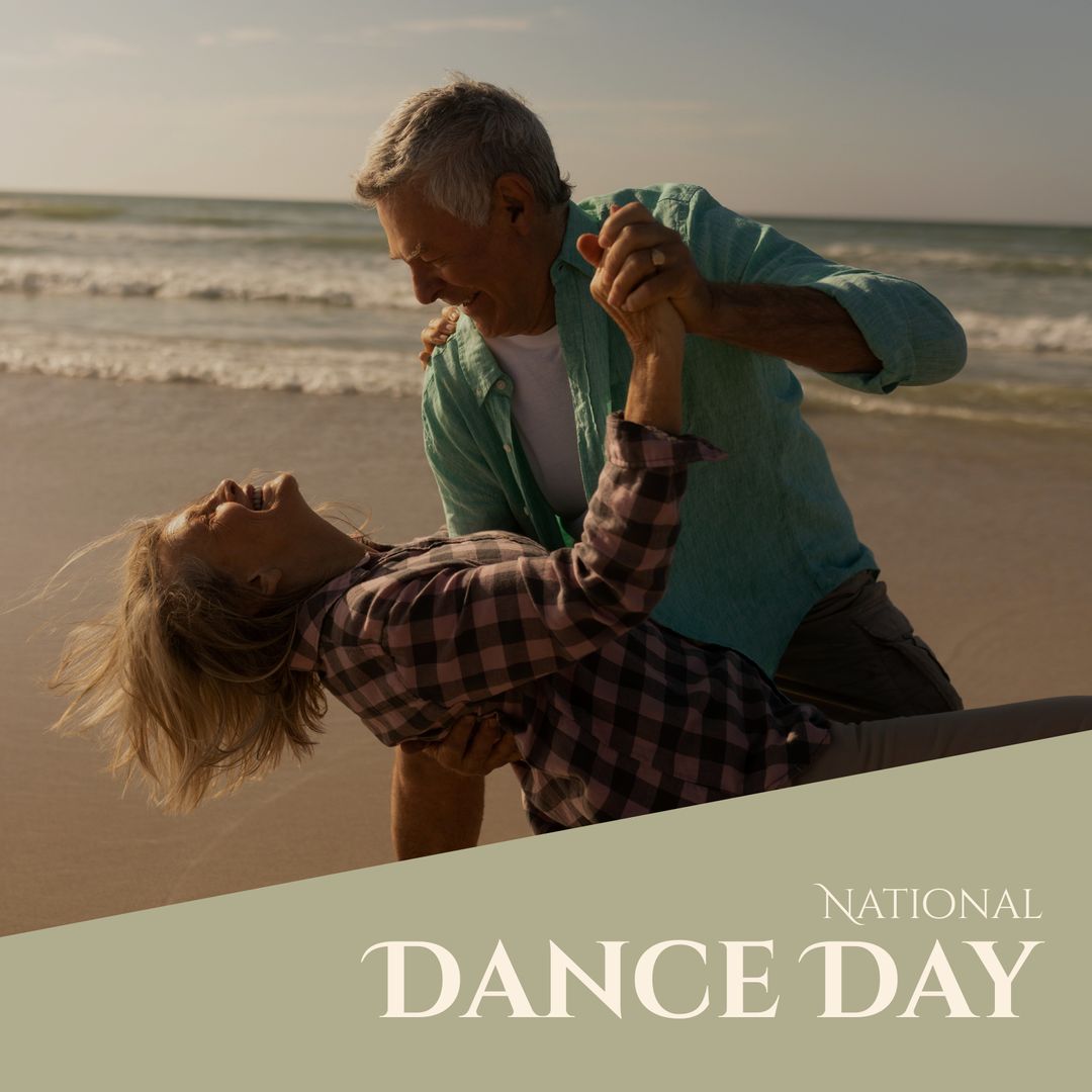 Joyful Senior Couple Dancing on Beach for National Dance Day