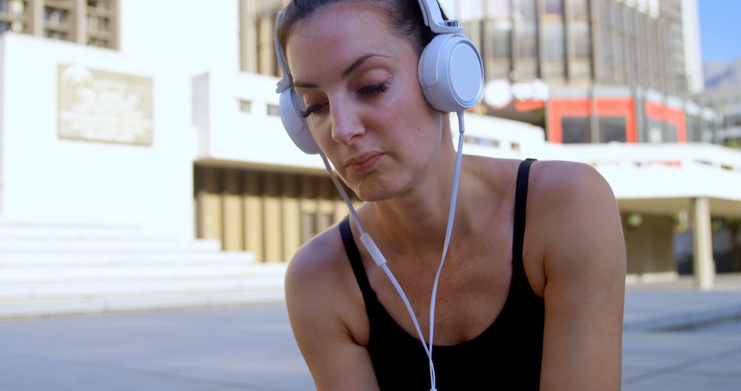 Woman Listening to Music With Headphones While Relaxing Outdoors - Free Images, Stock Photos and Pictures on Pikwizard.com