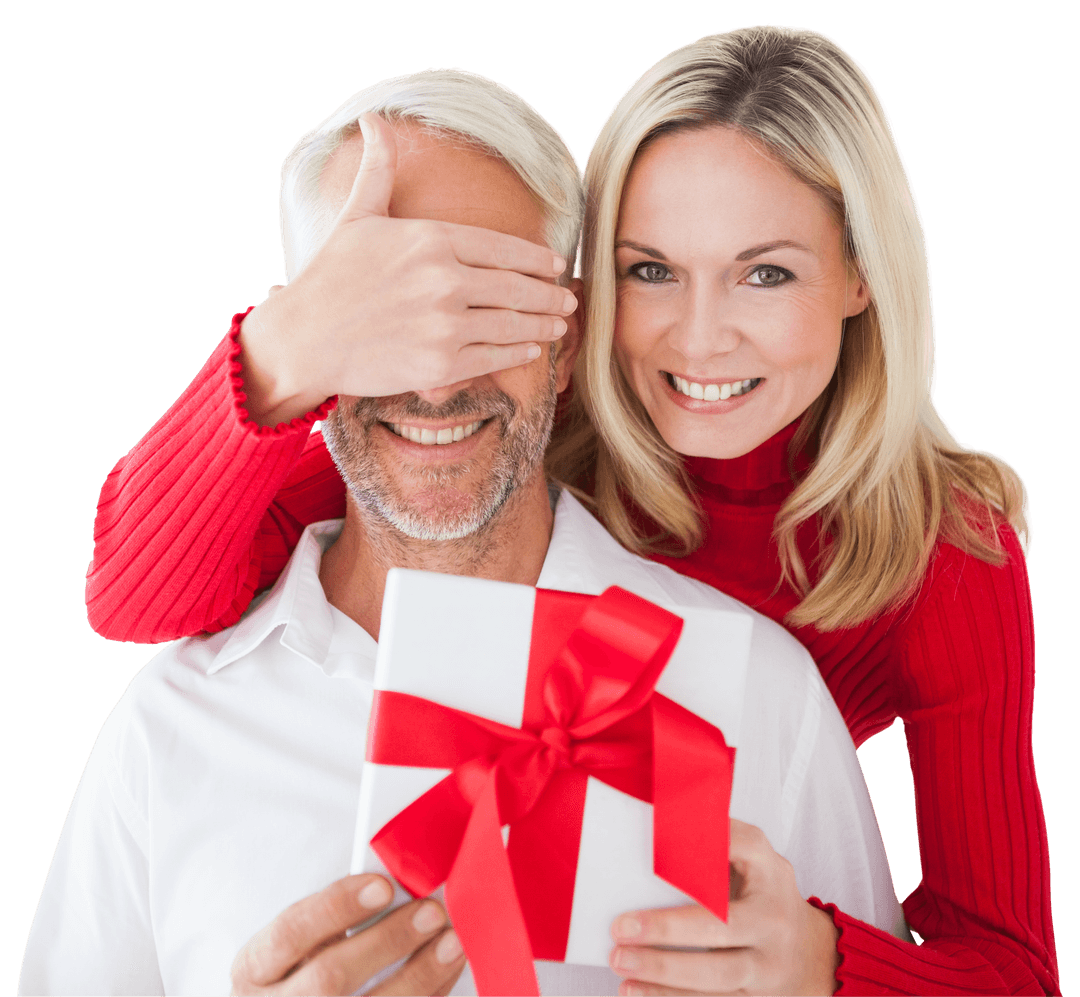 Joyful Couple Celebrating with Gift on Transparent Background