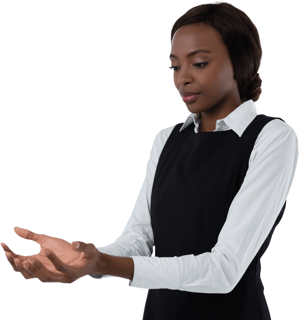 Businesswoman Gesturing with Cupped Hands on Transparent Background