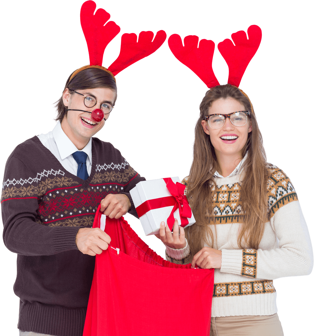 Festive Friends in Ugly Sweaters with Gift and Red Sacks