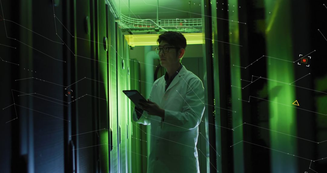 Engineer Monitoring Server Room with Tablet Technology