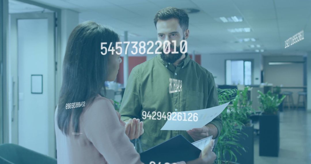 Professionals Discussing Data with Digital Overlay in Modern Office