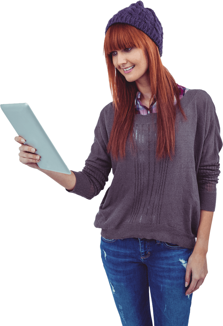 Hipster Woman Smiling Using Tablet on Transparent Background
