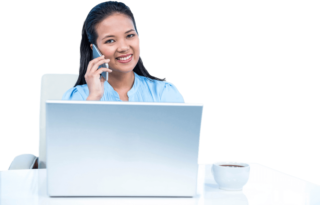 Smiling Businesswoman on Phone Behind Transparent Laptop Facing Transparent Desk