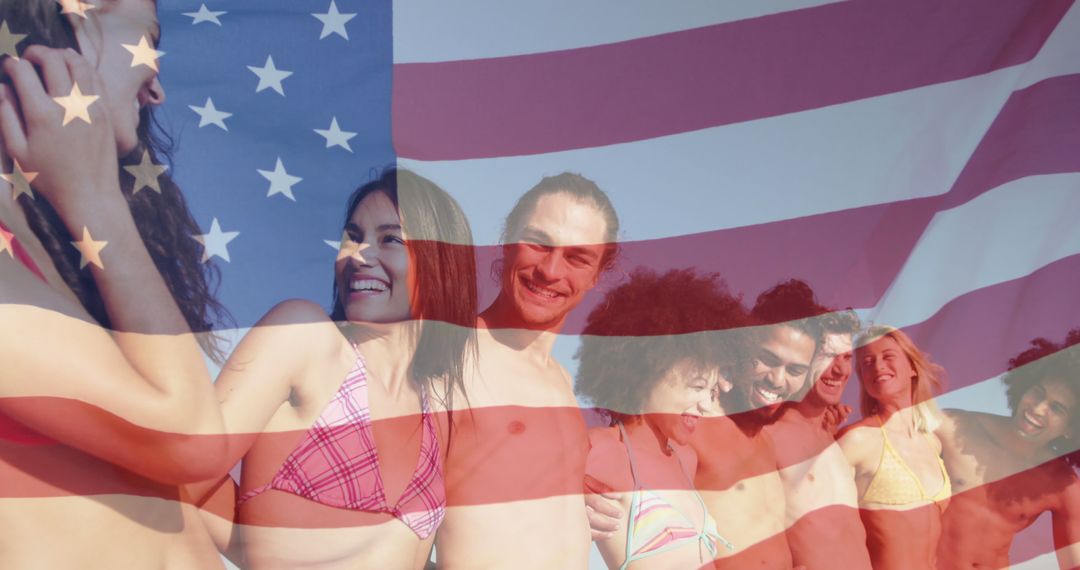 Group of Friends Celebrating at Beach with USA Flag Overlay - Free Images, Stock Photos and Pictures on Pikwizard.com