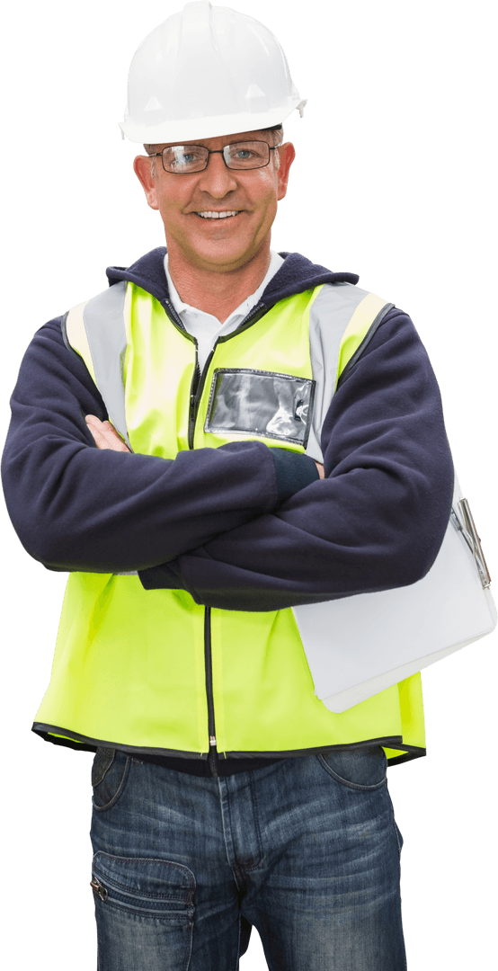 Smiling Worker in Transparent Effect with Hard Hat and Safety Vest