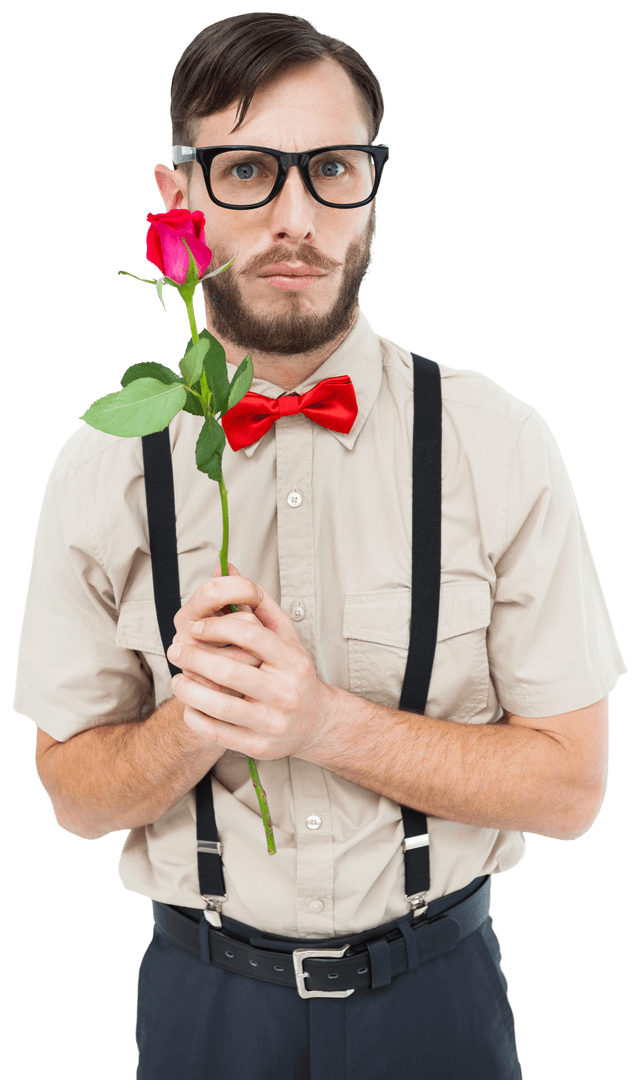 Geeky Hipster Holding Rose with Transparent Background
