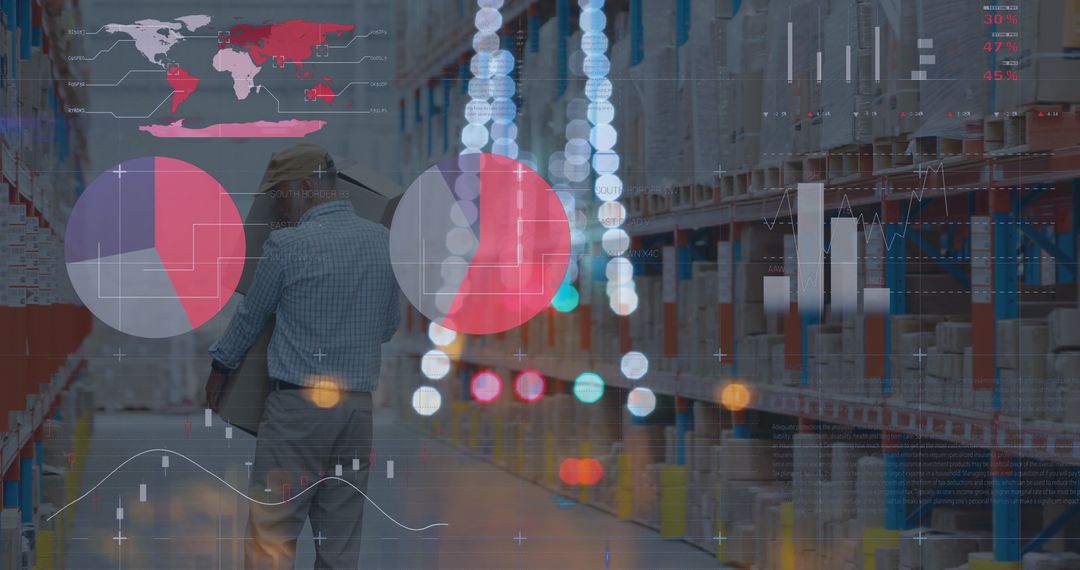 Warehouse Worker Analyzing Data with Business Graphics Overlay