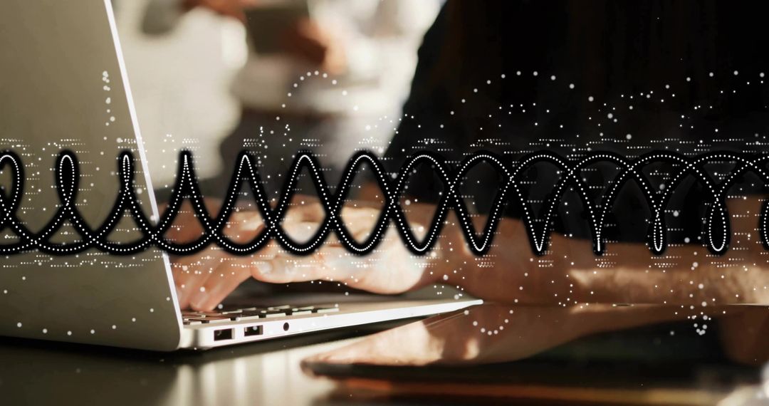 Asian Woman Typing on Laptop with Waveform Overlay