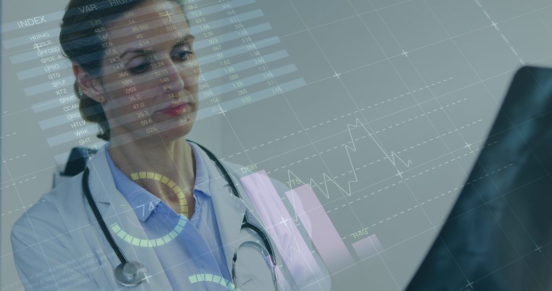 Female Doctor Analyzing Digital Data on Computer Interface