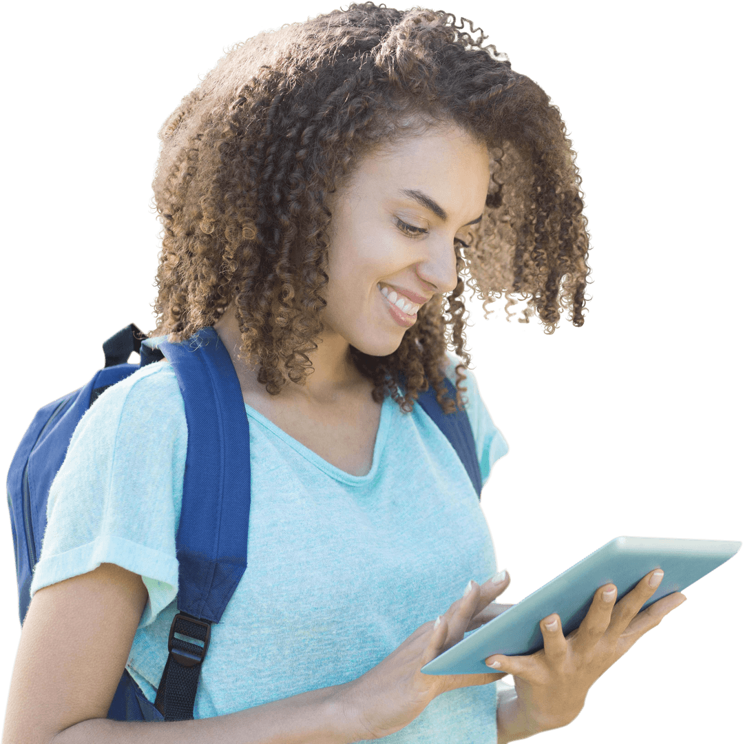 Smiling Young Woman with Tablet Viewed in Transparent Background