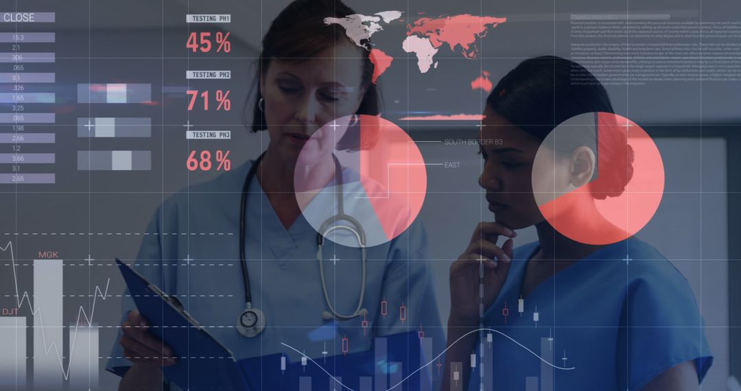 Diverse Healthcare Workers Analyzing Data on Digital Interface