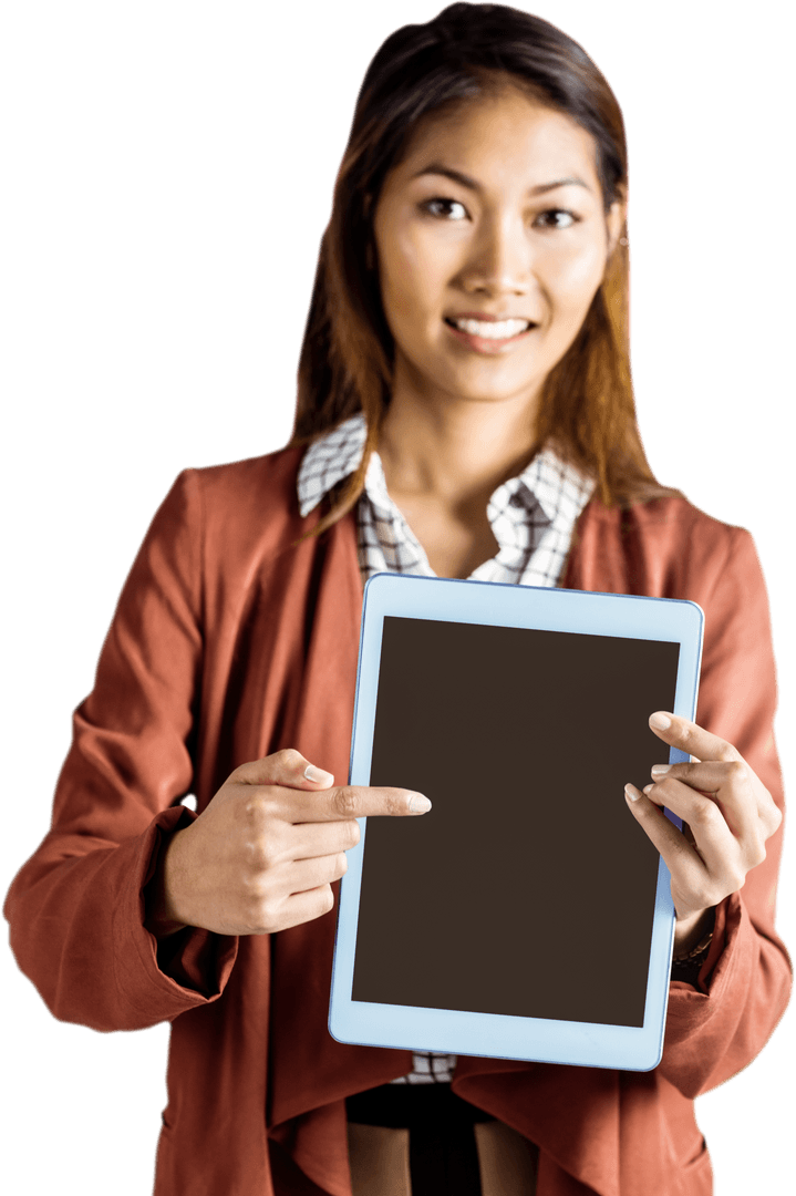 Transparent Young Businesswoman Pointing at Tablet