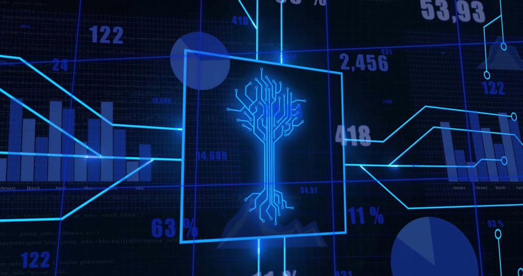 Futuristic Data Processing Circuit Board with Financial Graphs