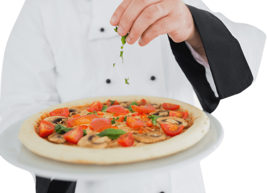 Chef Garnishing Fresh Pizza with Herbs and Veggies in Transparent Background