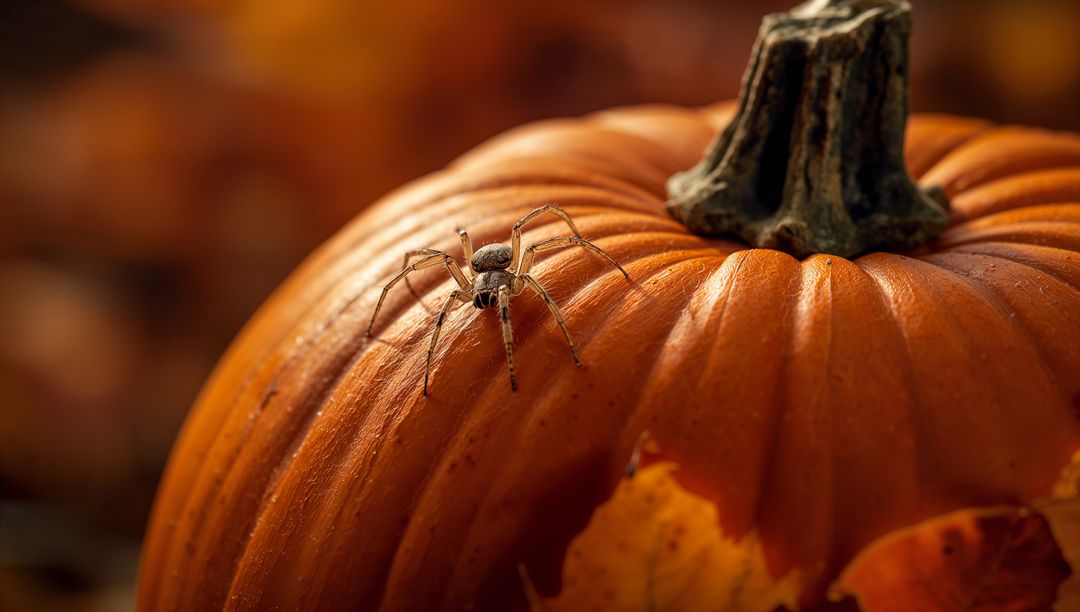 Spider Perched on Pumpkin in Autumn Patch