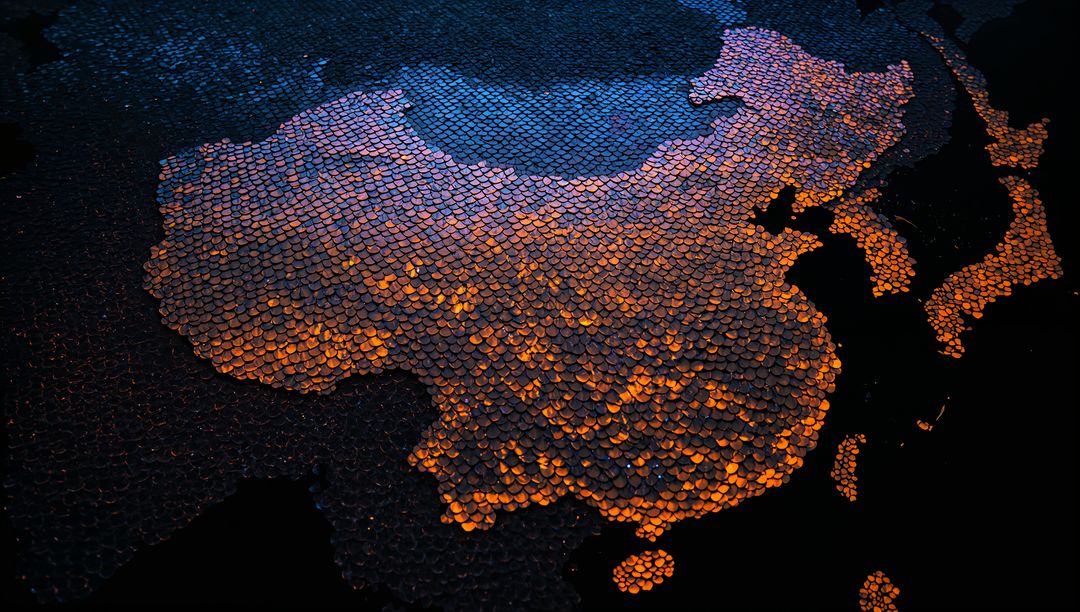 Futuristic Digital Map of China and East Asia with Glowing Hexagonal Tiles