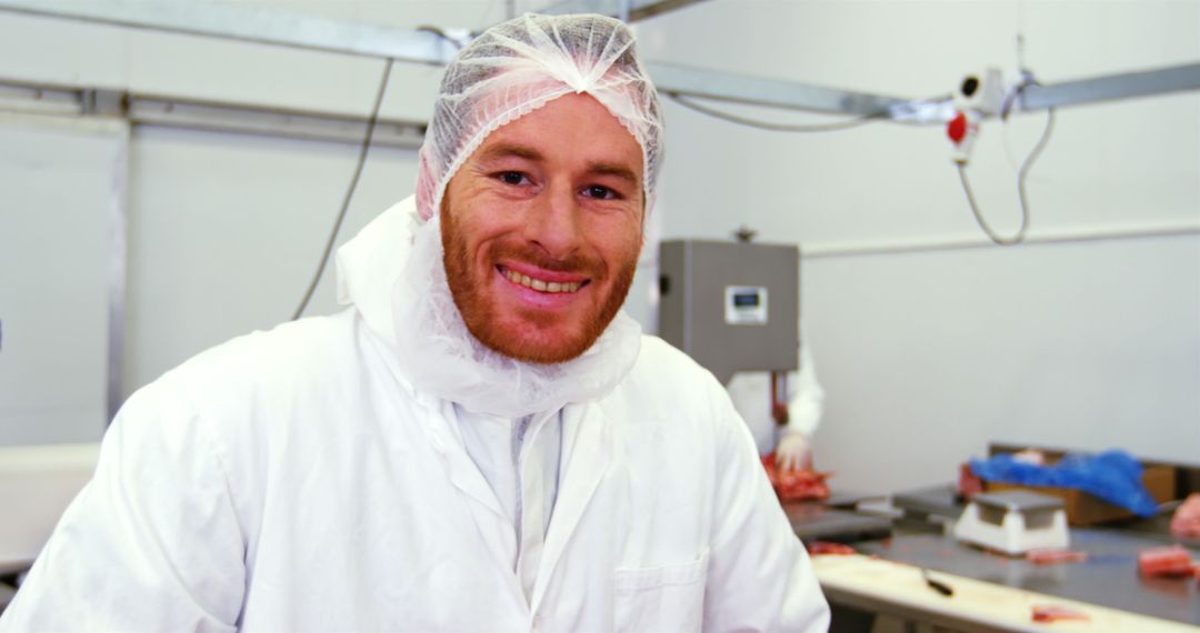 Butcher Smiling While Preparing Meat in Industrial Kitchen