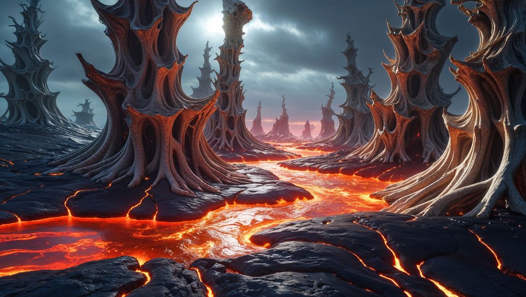 Surreal Alien Landscape with Molten Lava and Spiky Pillars