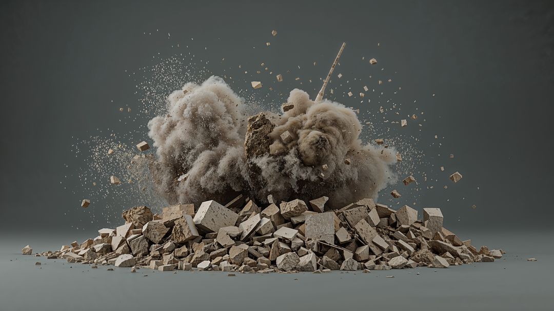 Dramatic Explosion of Concrete Rubble with Dust and Debris