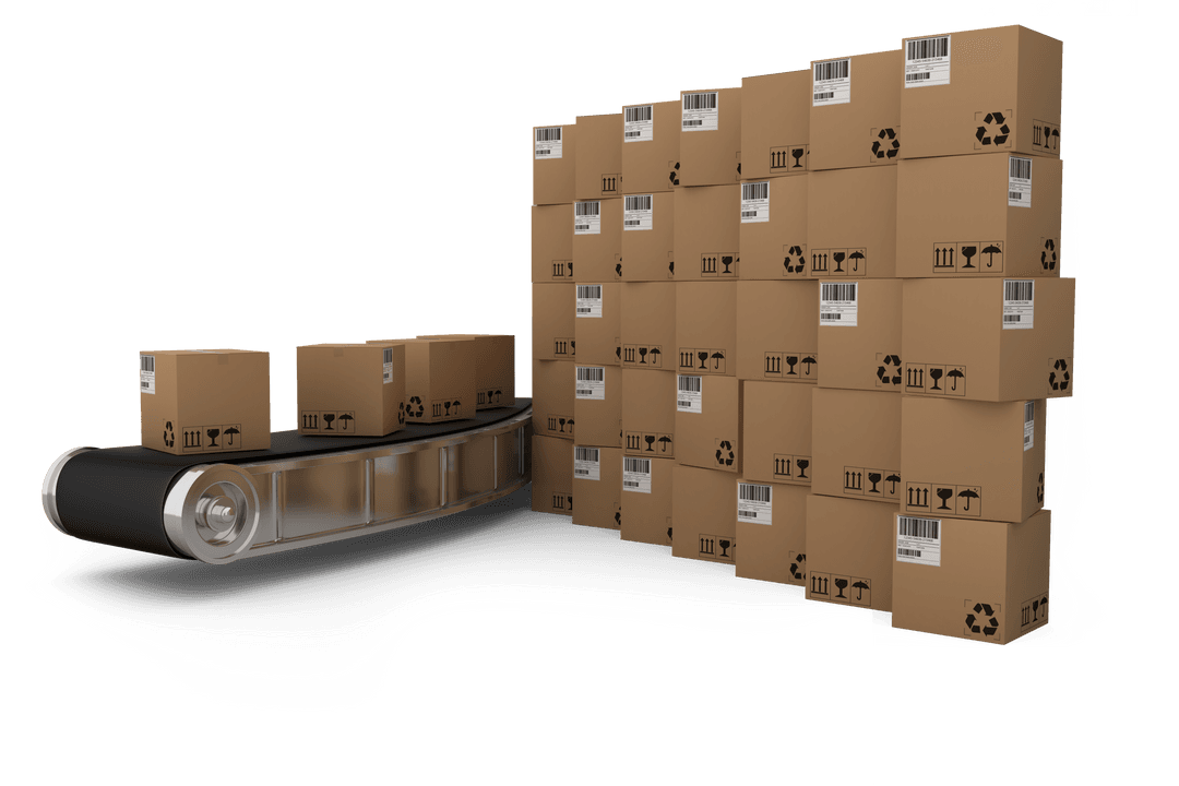 Transparent Conveyor Belt with Stack of Cardboard Boxes