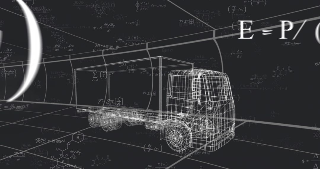 Wireframe Semi-Trailer Truck with Equations and Formulas
