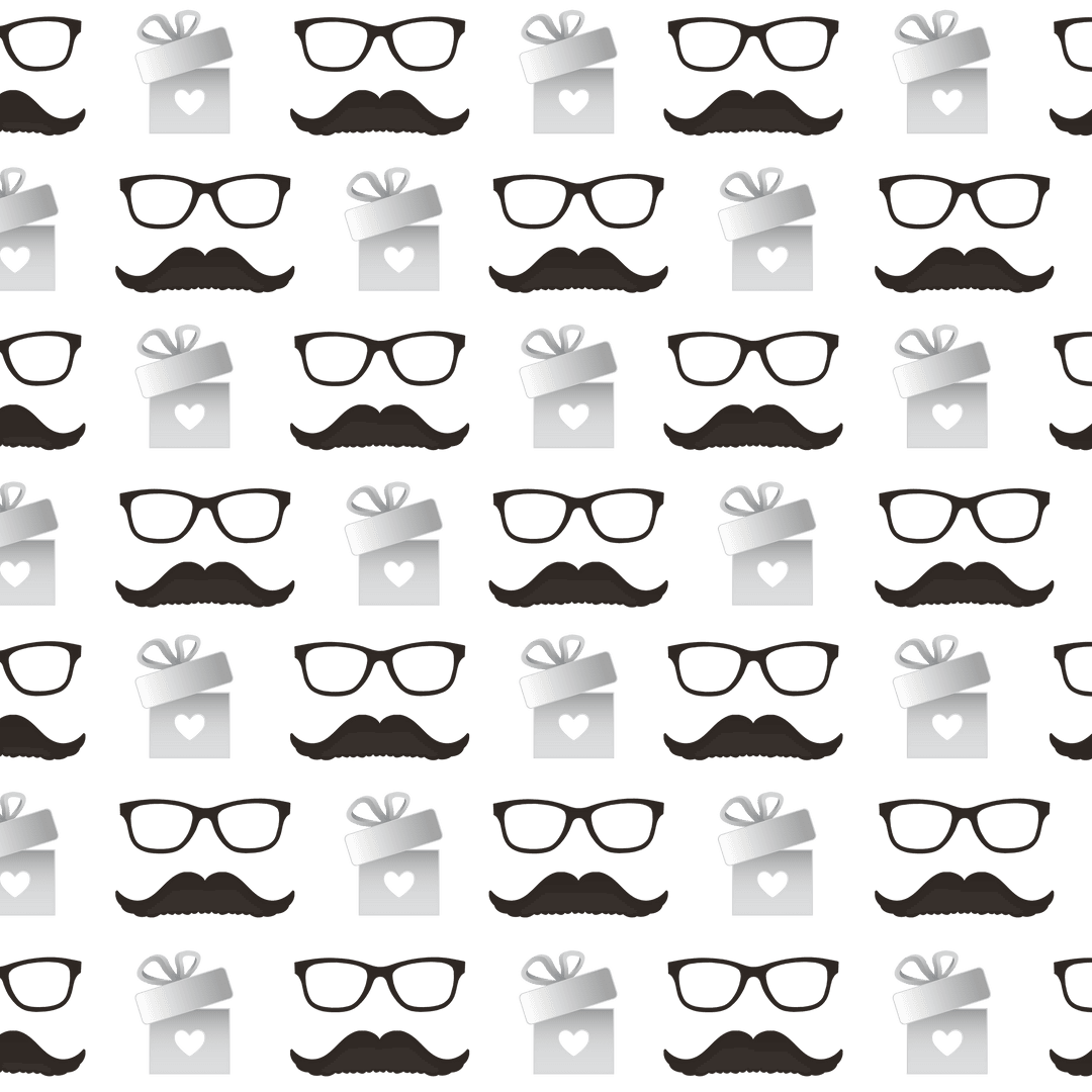 Seamless Pattern of Moustache, Glasses, Gifts on Transparent Background