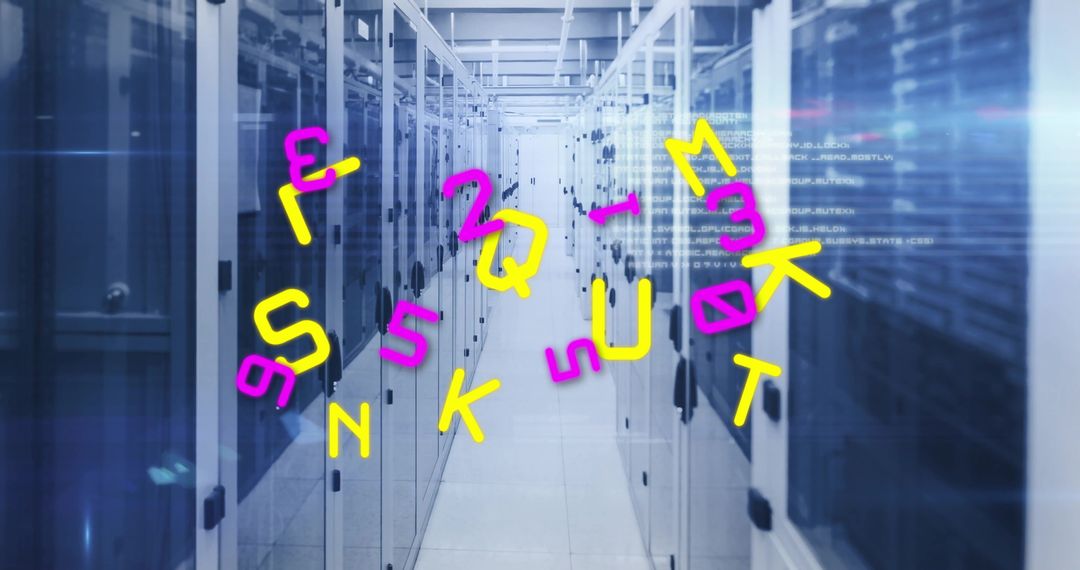 Futuristic Data Center Corridor with Server Cabinets and Cybercode Symbols