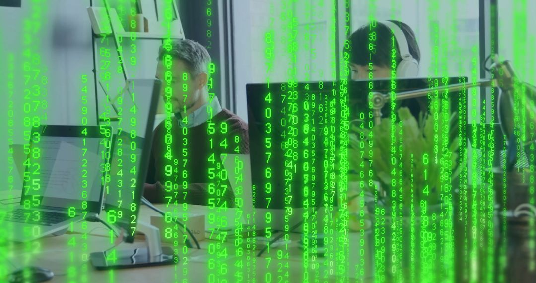 Binary Code Data Flow with Modern Office Team in Background